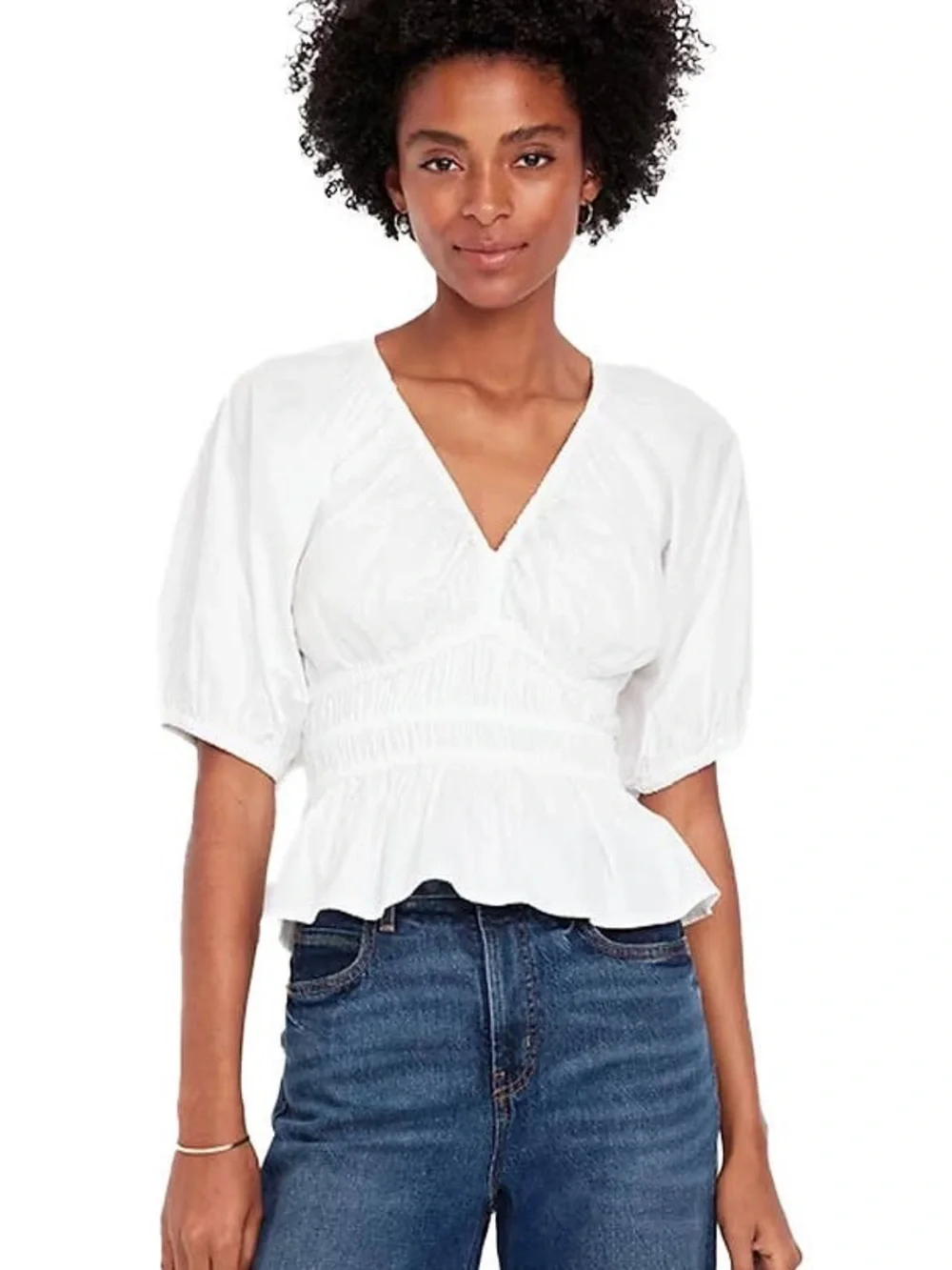 Old Navy White Puff Sleeve V-Neck Peplum Top